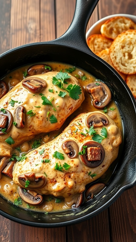 Creamy garlic mushroom chicken in a skillet, garnished with parsley and served with garlic bread.